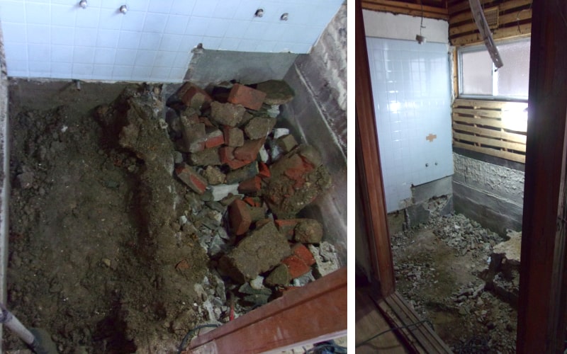 古い浴室の床の解体作業
